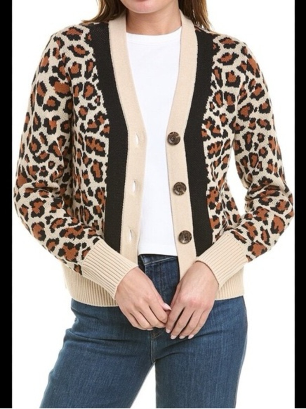 Leopard Print V-Neck Button Cardigan - Beige & Black - Picture 7 of 7